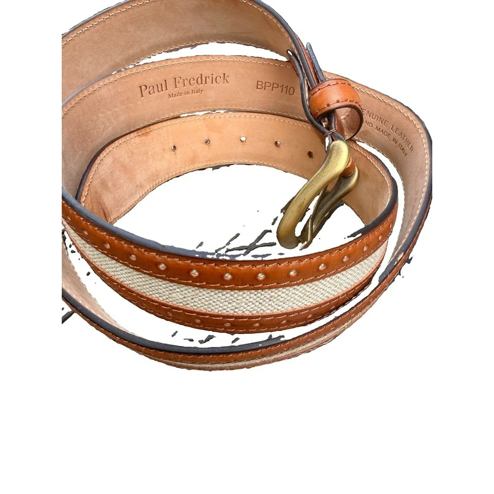 Paul Fredrick Italian Leather Canvas Belt Tan Brown Brass Buckle Size 44